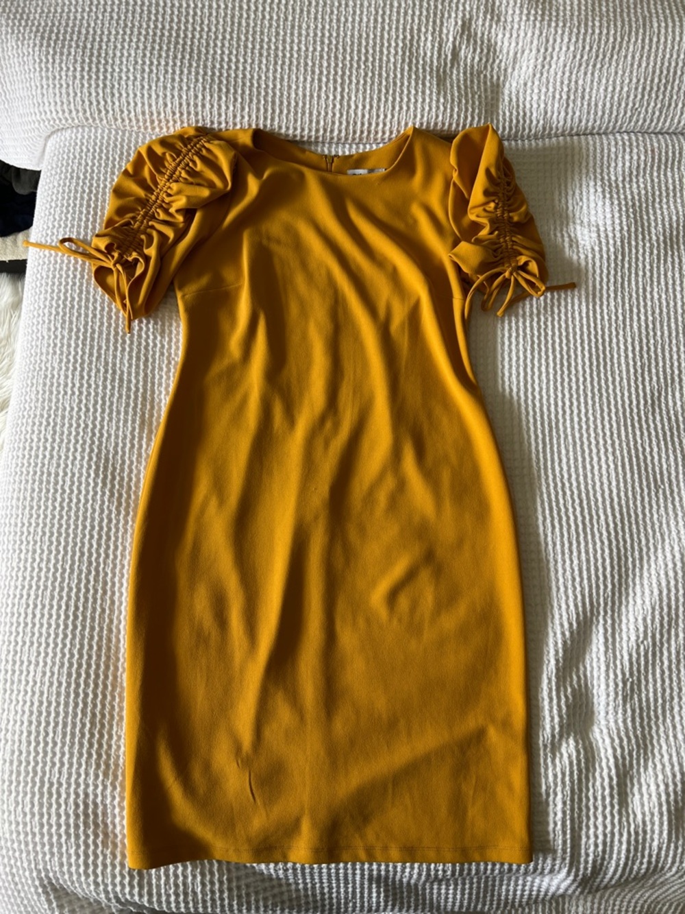 Shelby & Palmer Mustard Yellow Ruched Sleeve Midi Dress